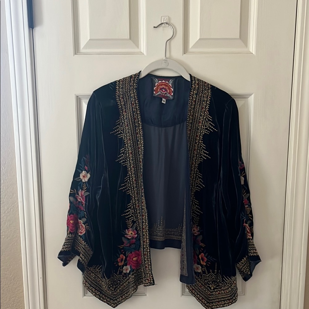 Johnny Was navy Velvet Embroidered Kimono